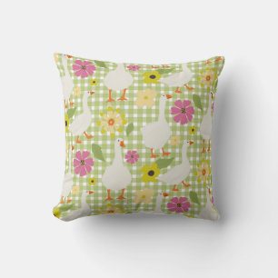 Cute Geese With Hand Drawn Flowers - Green Check Cushion