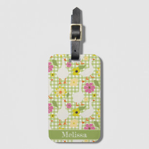Cute Geese With Hand Drawn Flowers - Green Check  Luggage Tag