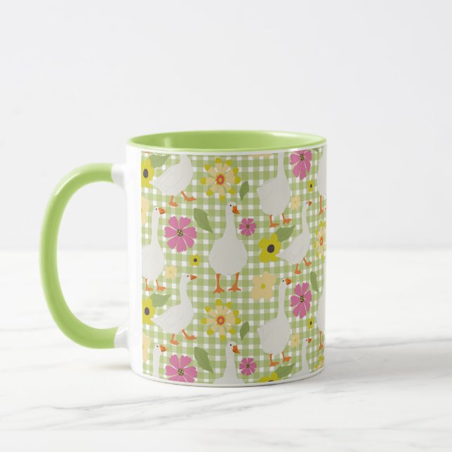 Cute Geese With Hand Drawn Flowers - Green Check  Mug (Left)