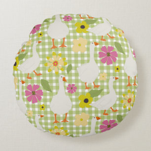 Cute Geese With Hand Drawn Flowers - Green Check Round Cushion