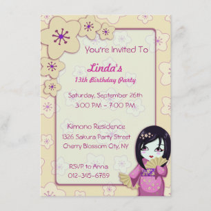 Cute Geisha Pink And White Sakura Birthday Party Invitation