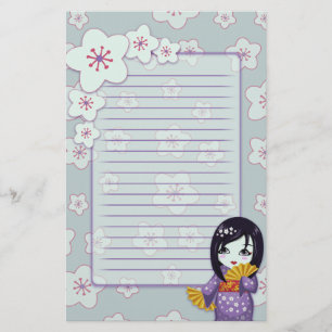 Cute Geisha Purple And Blue Cherry Blossoms Lined Stationery