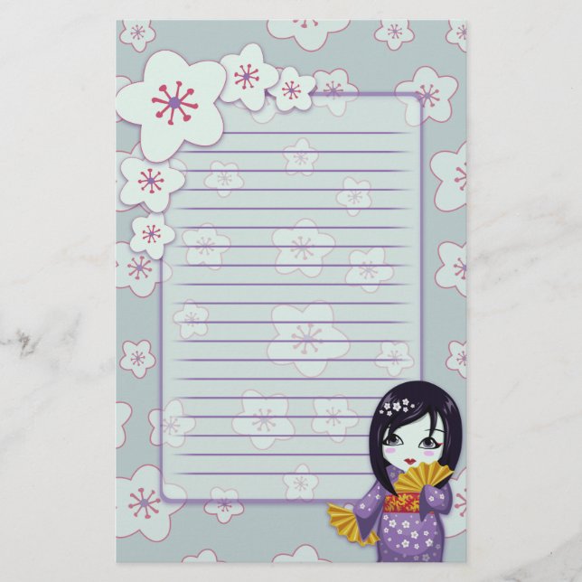 Cute Geisha Purple And Blue Cherry Blossoms Lined Stationery (Front)