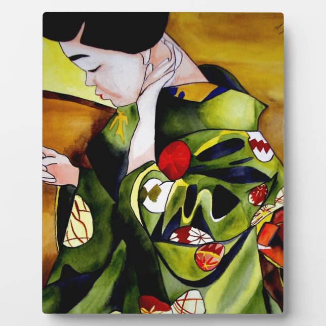 Cute Geisha with green kimono original art Plaque (Front)