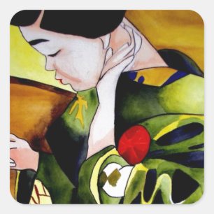 Cute Geisha with green kimono original art Square Sticker
