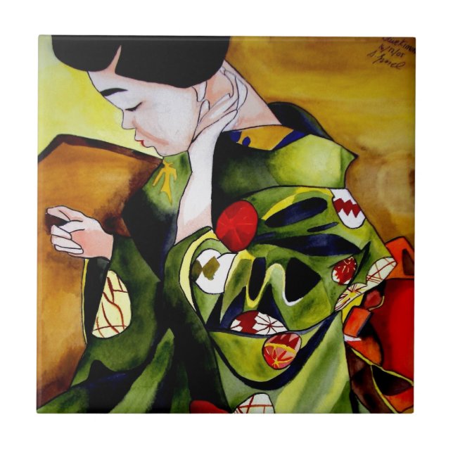 Cute Geisha with green kimono original art Tile (Front)