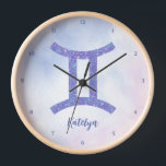 Cute Gemini Astrology Sign Customisable Clock<br><div class="desc">This pretty purple and lavender Gemini clock features your astrological sign from the Zodiac in a beautiful sparkle like the constellations. Customise this cute gift with your name in cursive script for someone with a birthday in late May or early June.</div>