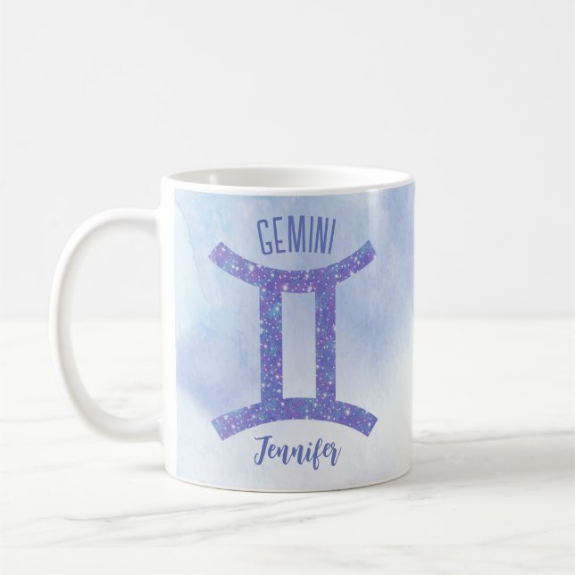 Cute Gemini Astrology Sign Personalised Purple Coffee Mug (Left)
