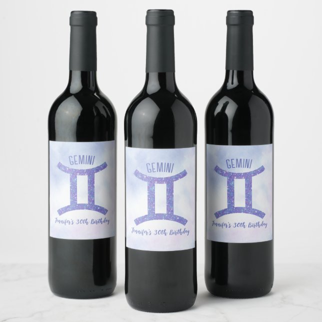 Cute Gemini Astrology Sign Personalised Purple Wine Label (Bottles)