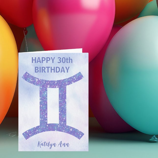 Cute Gemini Sign Custom Purple Happy Birthday Card (Creator Uploaded)