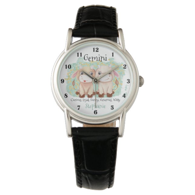 Cute Gemini Twins Watercolor Bull Zodiac Monogram Watch (Front)