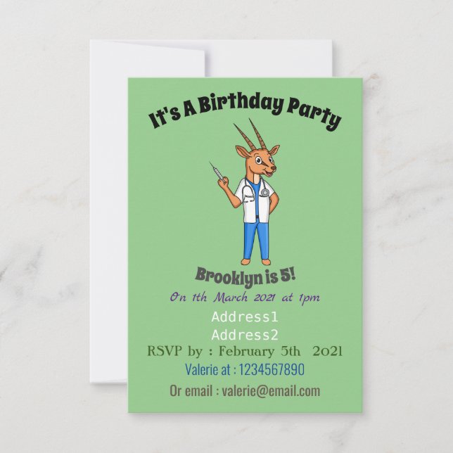 Cute Gemsbok antelope doctor cartoon Invitation (Front)
