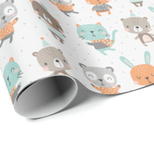 Cute gender neutral animals in soft colours wrapping paper