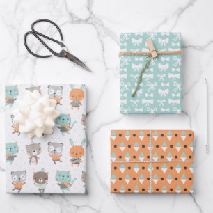 Cute gender neutral animals in soft colours wrapping paper sheet