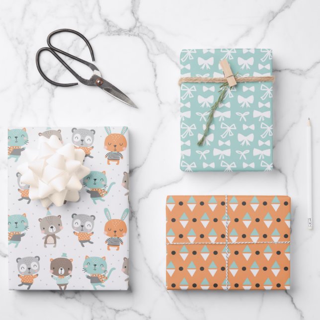 Cute gender neutral animals in soft colours wrapping paper sheet (Front)