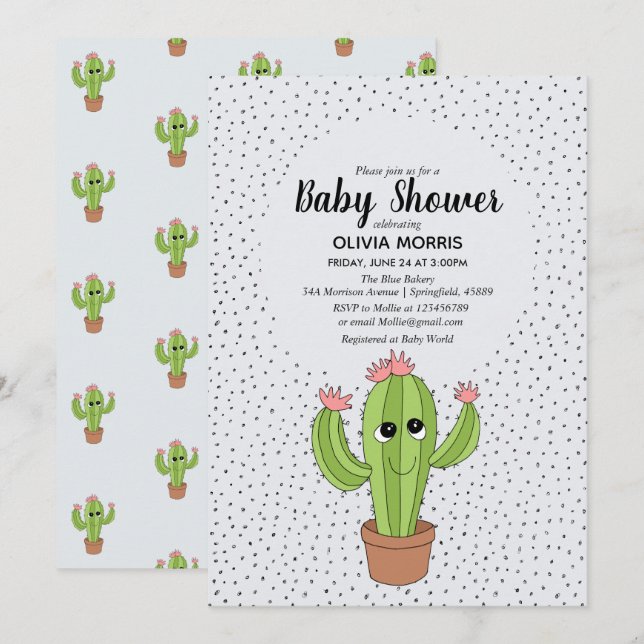 Cute Gender Neutral Cactus Plant Name Baby Shower Invitation (Front/Back)