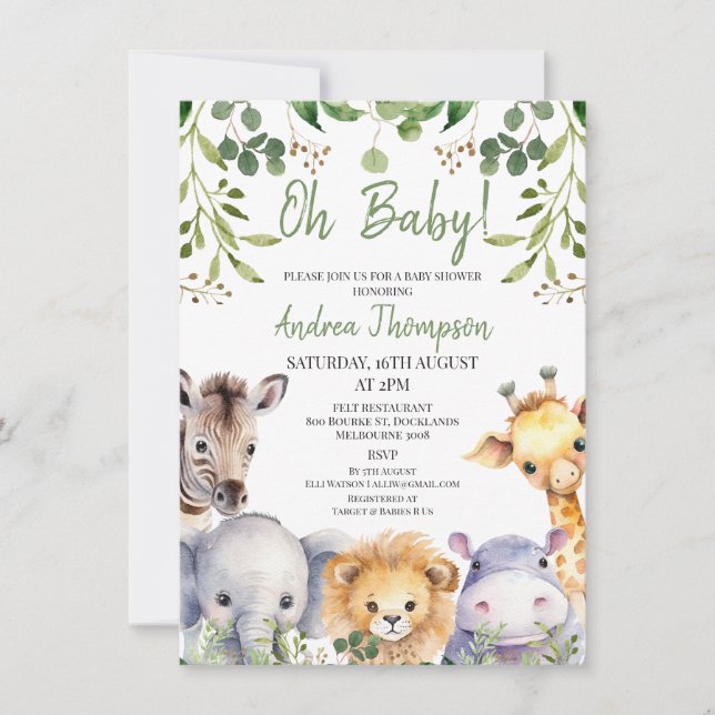 Cute Gender Neutral Eucalyptus Safari Baby Shower  Invitation (Front)