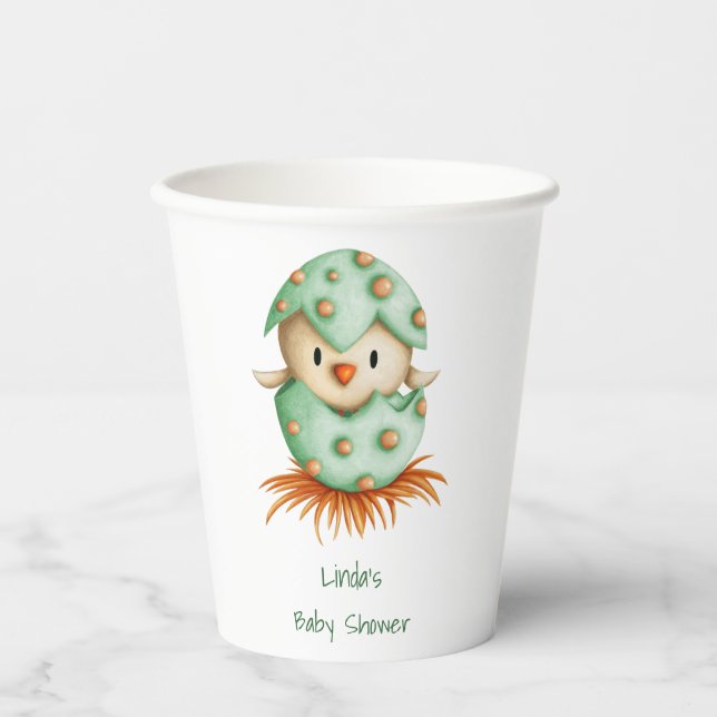 Cute Gender Neutral Green Baby Bird Baby Shower Paper Cups (Front)