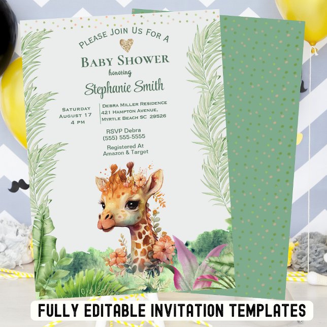 Cute Gender Neutral Greenery Giraffe Baby Shower   Invitation (Creator Uploaded)