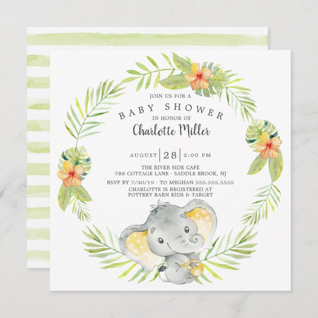 Cute Gender Neutral Jungle Elephant Baby Shower Invitation (Front/Back)