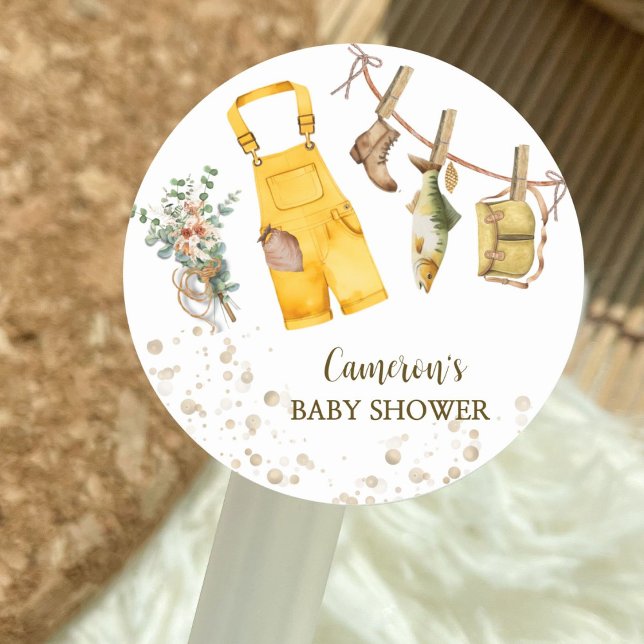Cute Gender Neutral Little Fisherman Baby Shower Classic Round Sticker (Creator Uploaded)