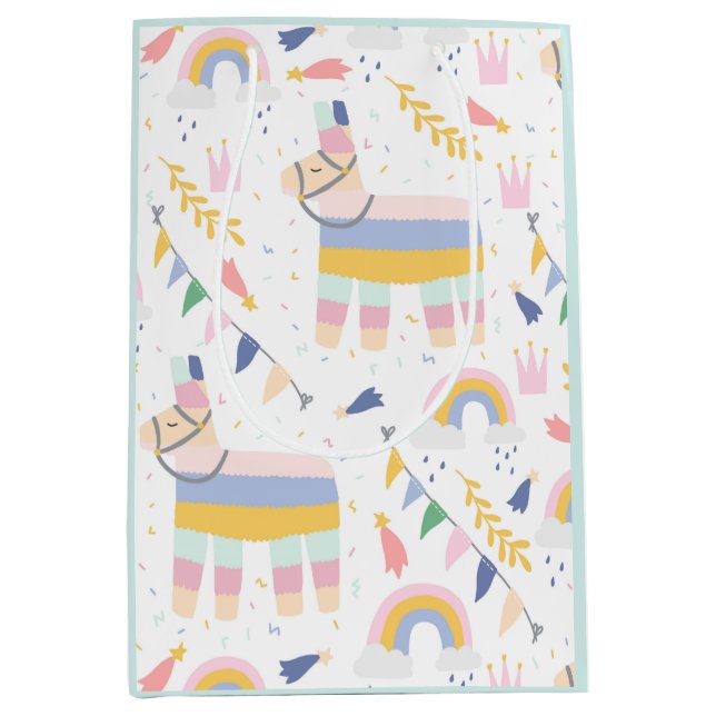 Cute Gender Neutral Llama Rainbow Birthday Party Medium Gift Bag (Front)