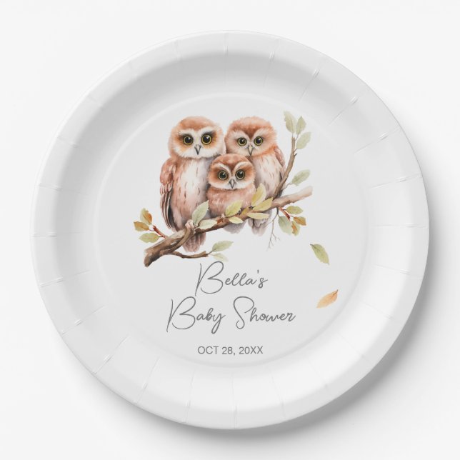 Cute Gender Neutral Owl Baby Shower  Paper Plate (Front)