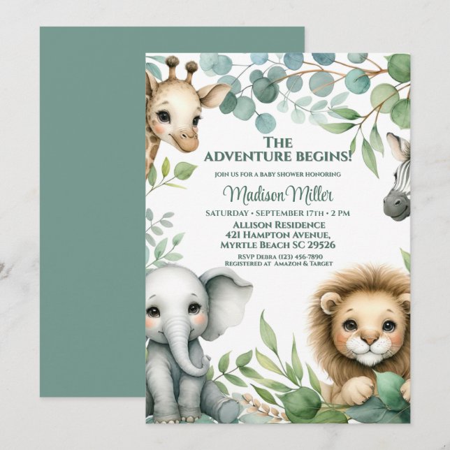 Cute Gender Neutral Safari Animals Baby Shower  Invitation (Front/Back)