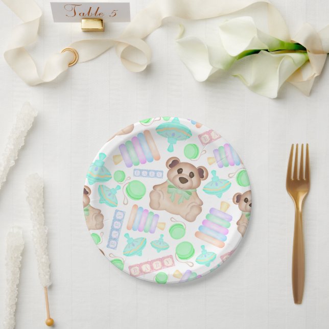 Cute Gender Neutral Teddy Bear Baby Paper Plate (Wedding)