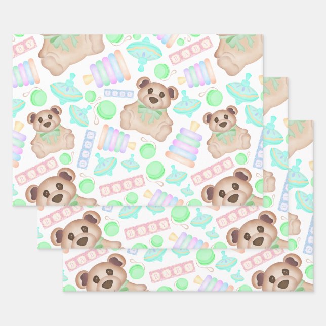 Cute Gender Neutral Teddy Bear Baby Wrapping Paper Sheet (Set)