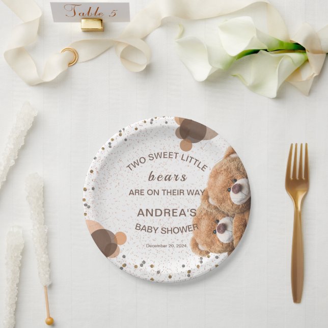 Cute Gender Neutral Twin Bears Baby Shower Paper Plate (Wedding)