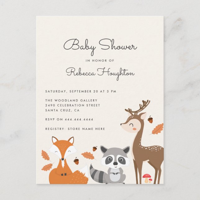 Cute Gender Neutral Woodland Animals Baby Shower Invitation Postcard (Front)