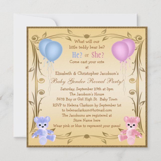 Cute Gender Reveal Teddy Bears Invitation (Front)
