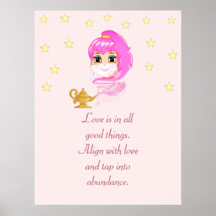 Cute Genie Cartoon & Abundance Quote on Rose Gold Poster
