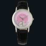 Cute Gentle White Snowdrops Leafy Pink Polka Dots Watch<br><div class="desc">Designed based on watercolor floral illustration of white snowdrops by Farida Greenfield. Beautiful delicate white flowers which have just emerged in the end of winter, which look like sparkle of snow on the ground. It has pink white polka dots on the background and text which can be personalised to your...</div>