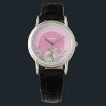 Cute Gentle White Snowdrops Leafy Pink Polka Dots Watch<br><div class="desc">Designed based on watercolor floral illustration of white snowdrops by Farida Greenfield. Beautiful delicate white flowers which have just emerged in the end of winter, which look like sparkle of snow on the ground. It has pink white polka dots on the background and text which can be personalised to your...</div>