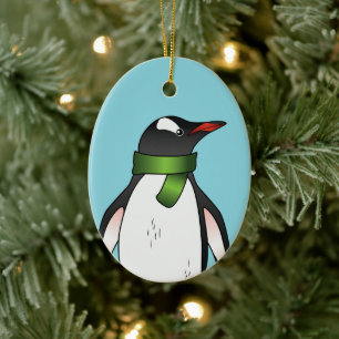 Cute Gentoo Penguin Wearing A Green Scarf On Blue Ceramic Tree Decoration