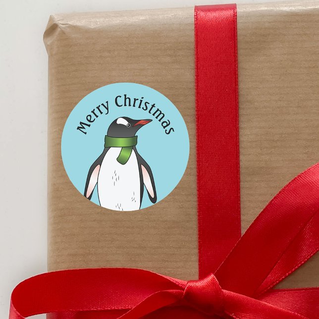 Cute Gentoo Penguin Wearing A Green Scarf On Blue Classic Round Sticker (Cute penguin design for the Holiday season.)