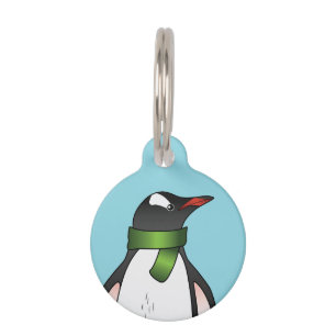 Cute Gentoo Penguin Wearing A Green Scarf On Blue Pet Tag