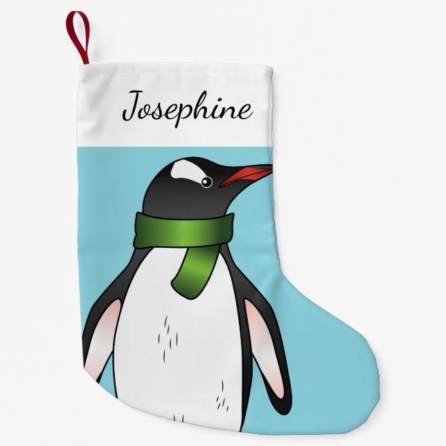 Cute Gentoo Penguin Wearing A Green Scarf On Blue Small Christmas Stocking (Front)