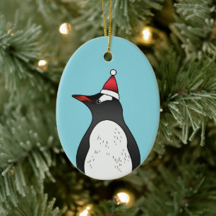 Cute Gentoo Penguin Wearing A Santa Hat On Blue Ceramic Tree Decoration