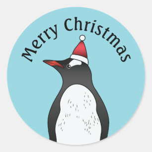 Cute Gentoo Penguin Wearing A Santa Hat On Blue Classic Round Sticker