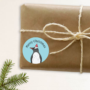 Cute Gentoo Penguin Wearing A Santa Hat On Blue Classic Round Sticker