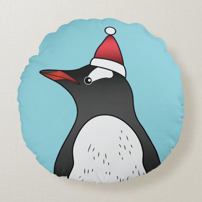 Cute Gentoo Penguin Wearing A Santa Hat On Blue Round Cushion (Front)
