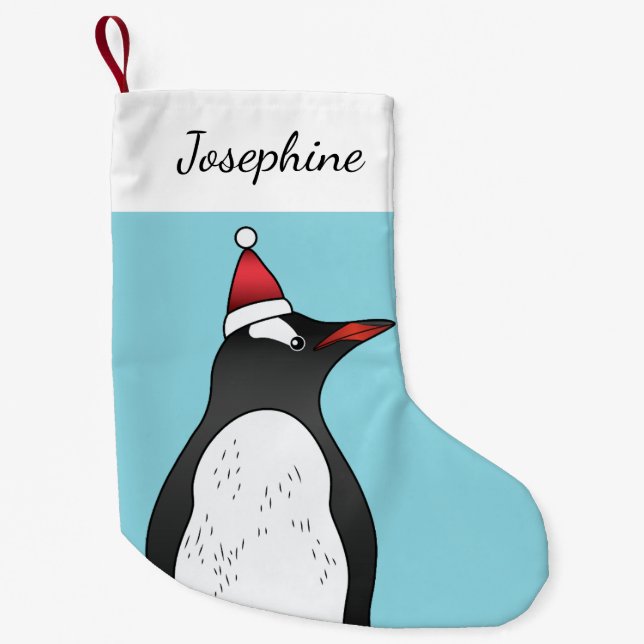 Cute Gentoo Penguin Wearing A Santa Hat On Blue Small Christmas Stocking (Front)
