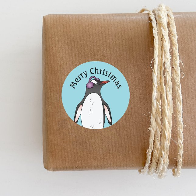 Cute Gentoo Penguin Wearing Ear Protection On Blue Classic Round Sticker (Cute penguin design for the Holiday season.)