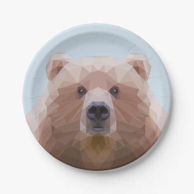 Cute geometric brown bear blue paper plate (Front)