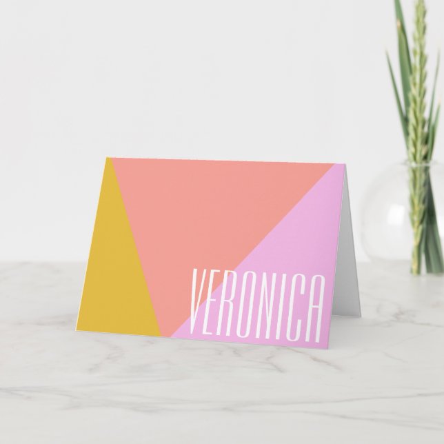 Cute Geometric Colour Block Coral Pink Personalise Note Card (Front)