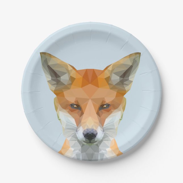 Cute geometric fox blue paper plate (Front)