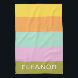 Cute Geometric Pastel Colour Block Personalised Tea Towel<br><div class="desc">Kitchen towel with simple large striped pattern of colour block shapes in a pretty pastel colour palette of yellow,  orange,  mint,  pink,  and moss,  personalised with your name.</div>